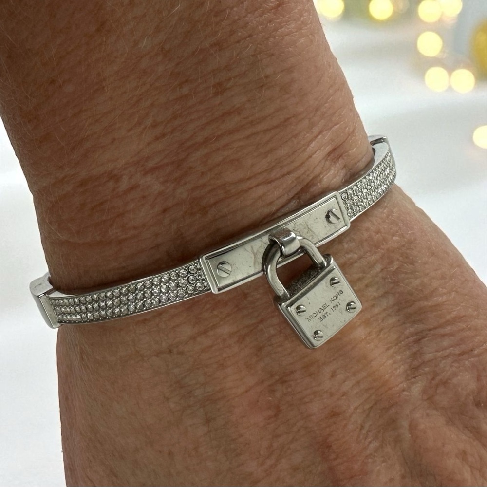 Michael Kors Pave Hinge Bracelet Padlock Charm Bangle Silvertone